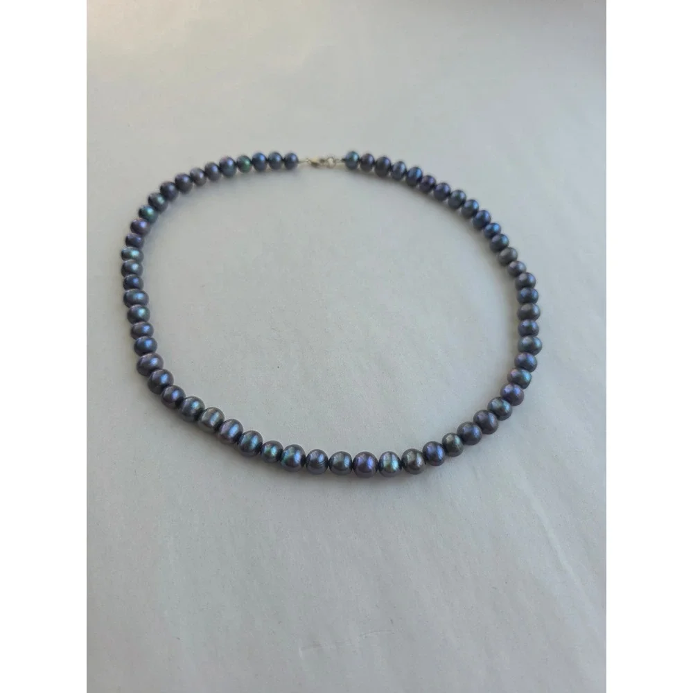 Black Freshwater Pearl Necklace 925 Sterling Silver Peacock Iridescent 18